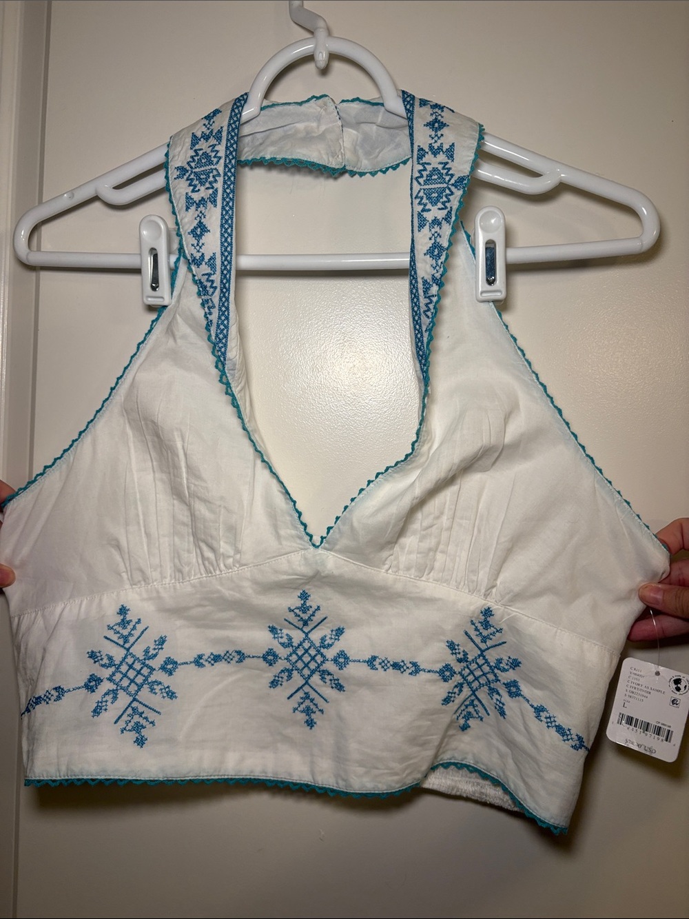 NWT Free People White Crop Halter Top with Teal Embroidery Detail Size Large